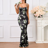 Floral Ruffle Back Tie Halter Maxi Bodycon Mermaid Dress With Multiple Patterns