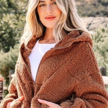 Straw Yellow Zipper Hooded Sherpa Jacket