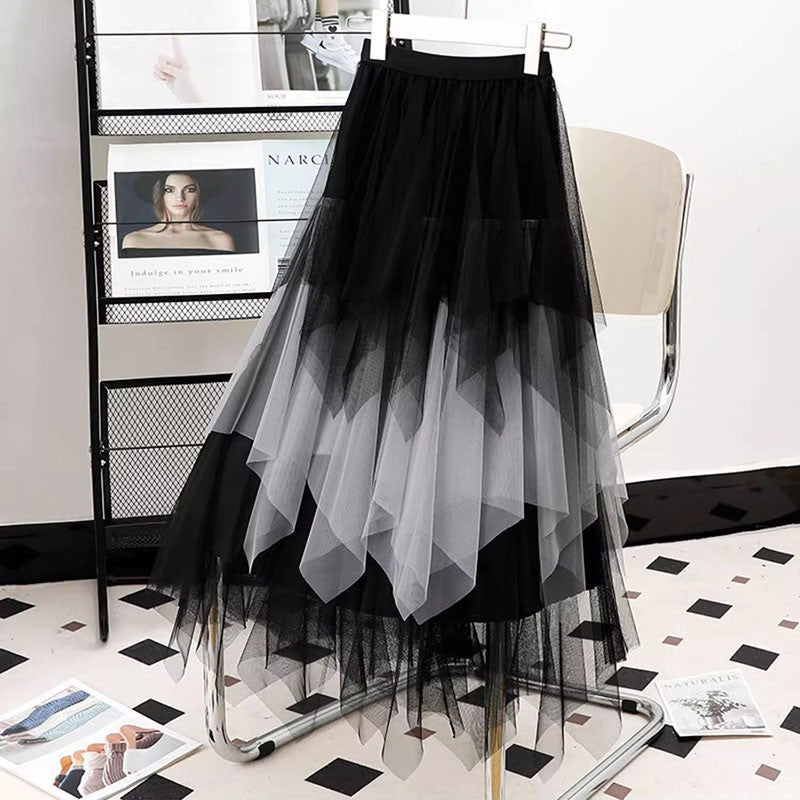 Contrast Color Irregular Tulle Skirt Women's New