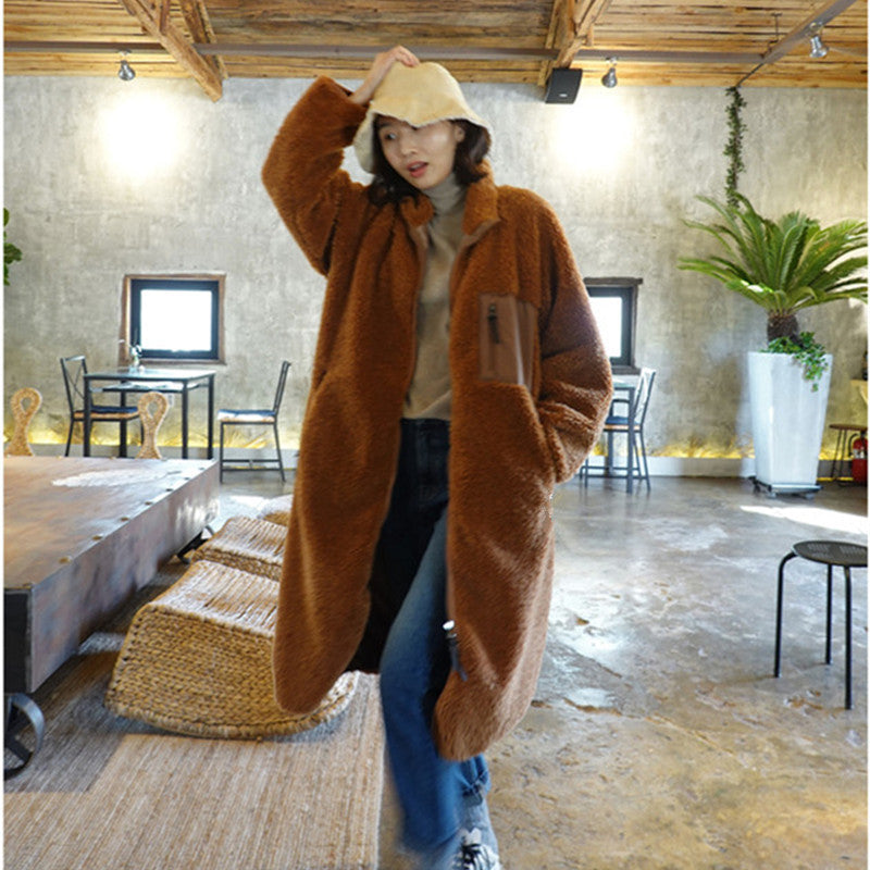 Stand Collar Color Matching Lambswool Two-sided Zipper Coat