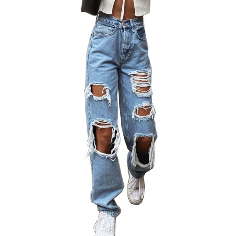 Women's American Retro Hole-punched Jeans Women High Waist Straight-crotch Loose Slim Design High-street Vibe Wide-legged Dragging Pants