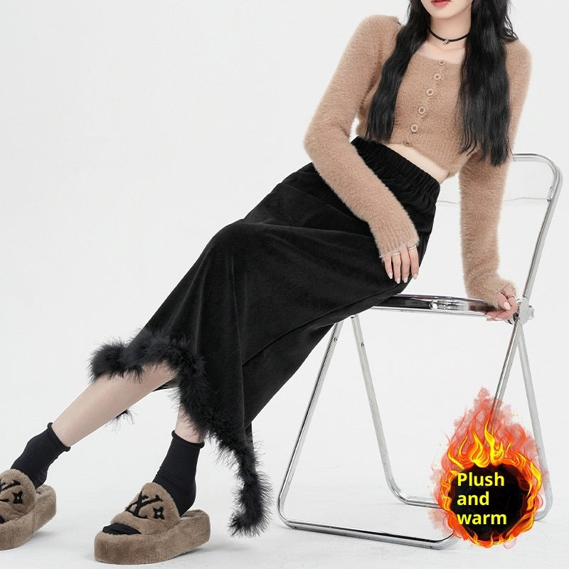 Black Plus Velvet Half-length High-waisted Skirt Women