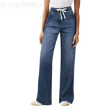High Waist Elastic Straight Loose Drawstring Denim Trousers
