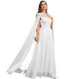 Women's Plus Size Solid Color Elegant Chiffon Round Neck Lace Stitching Cloak Evening Dress
