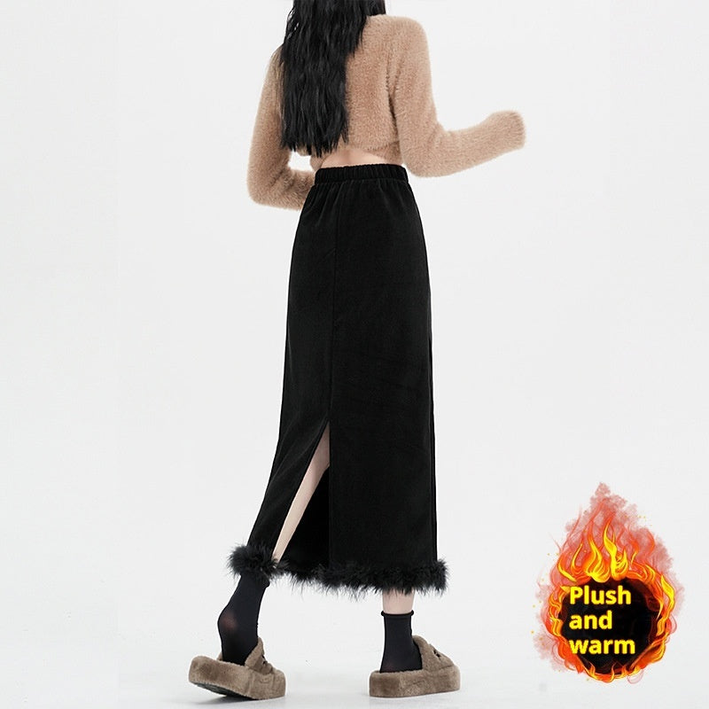 Black Plus Velvet Half-length High-waisted Skirt Women