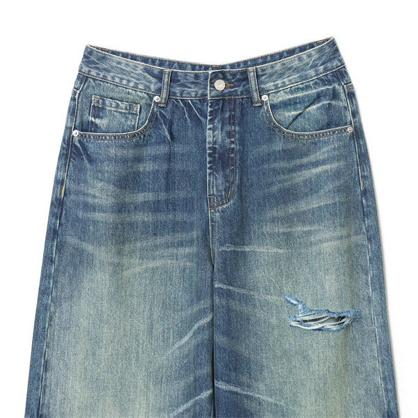 Fashionable Versatile Mid-waist Loose Rolled-edge Ripped Jeans