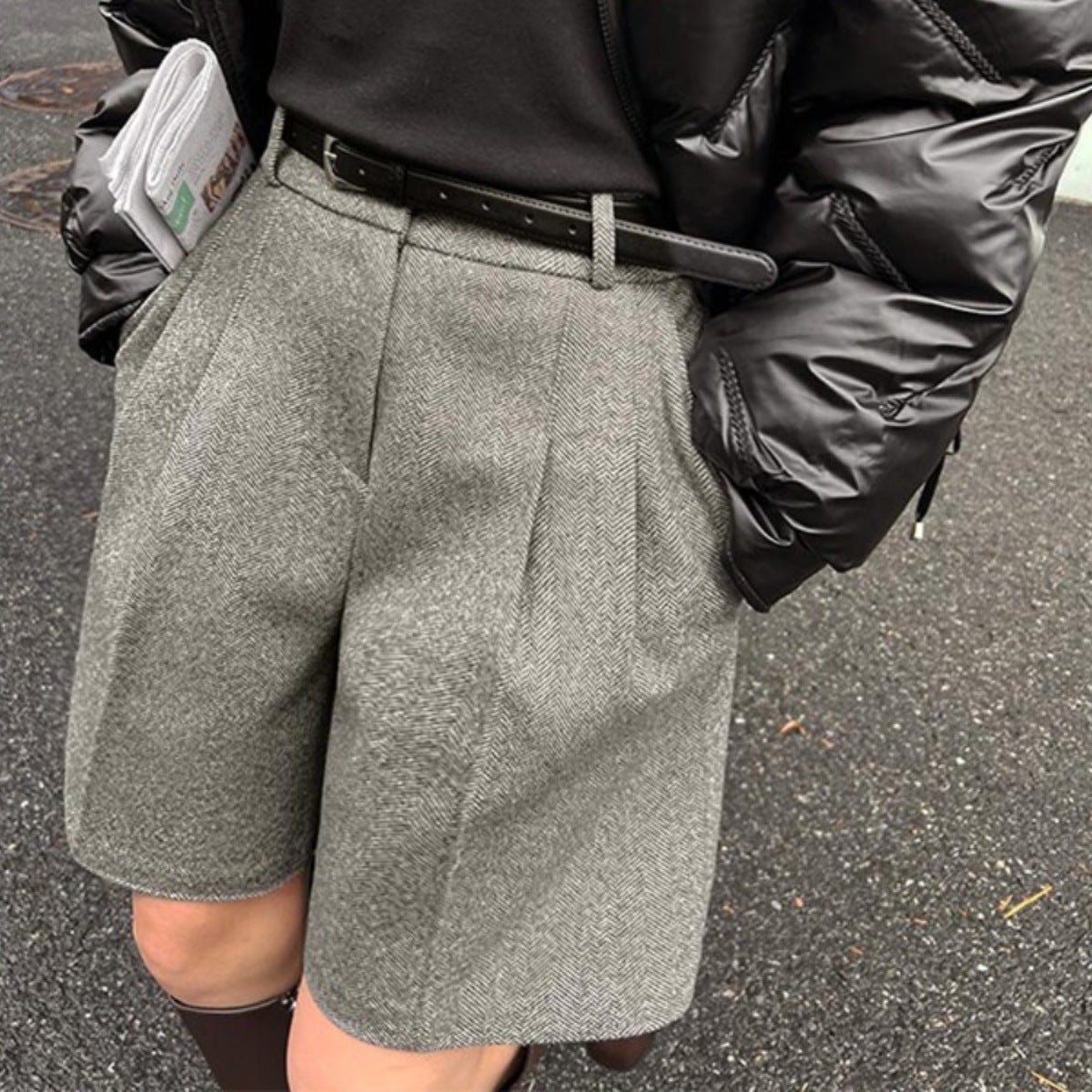Woolen Shorts High Waist Outer Wear Fifth Pants Small Wide Leg