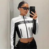 Black And White Contrast Color Leather Coat Women's Zipper Short Slim Jacket