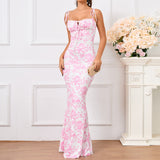 Floral Ruffle Back Tie Halter Maxi Bodycon Mermaid Dress With Multiple Patterns