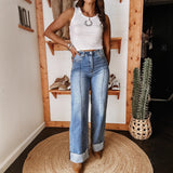 Women's Fashion Casual Washed Stretch Mid-rise Straight Leg Jeans