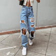 Women's American Retro Hole-punched Jeans Women High Waist Straight-crotch Loose Slim Design High-street Vibe Wide-legged Dragging Pants