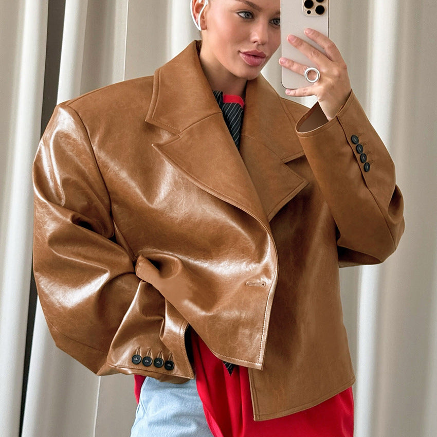 Suit Collar PU Leather Jacket Coat For Women