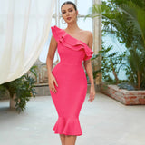 European And American Fashionable Off-shoulder Bandage Dress Ruffled Off-shoulder Evening Dress