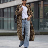 Leopard Print Women's Ultra-long Slim-fit Large Lapel Coat