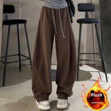Embroidered Color-block High-waist Fleece Wide-leg Pants Women