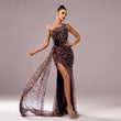 One-shoulder Diagonal Collar Leopard Sequined Evening Dress