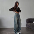 Retro Spicy High Waist Straight Mop Back Ripped Design Jeans