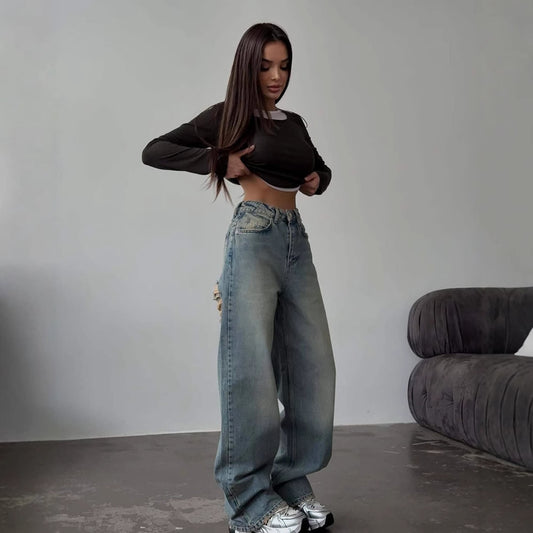Retro Spicy High Waist Straight Mop Back Ripped Design Jeans