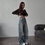 Retro Spicy High Waist Straight Mop Back Ripped Design Jeans