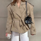 Trendy Casual Lace Up Waist-tight Mid-length Khaki Trench Coat For Women