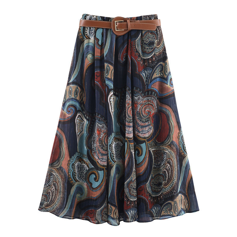 Women's Belt With Metallic Thread Print Skirt