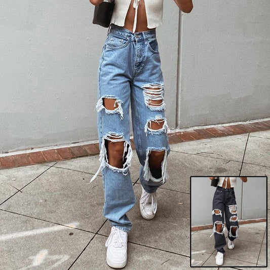 Women's American Retro Hole-punched Jeans Women High Waist Straight-crotch Loose Slim Design High-street Vibe Wide-legged Dragging Pants
