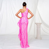 One-shoulder Diagonal Collar Sequined Slit Evening Dress